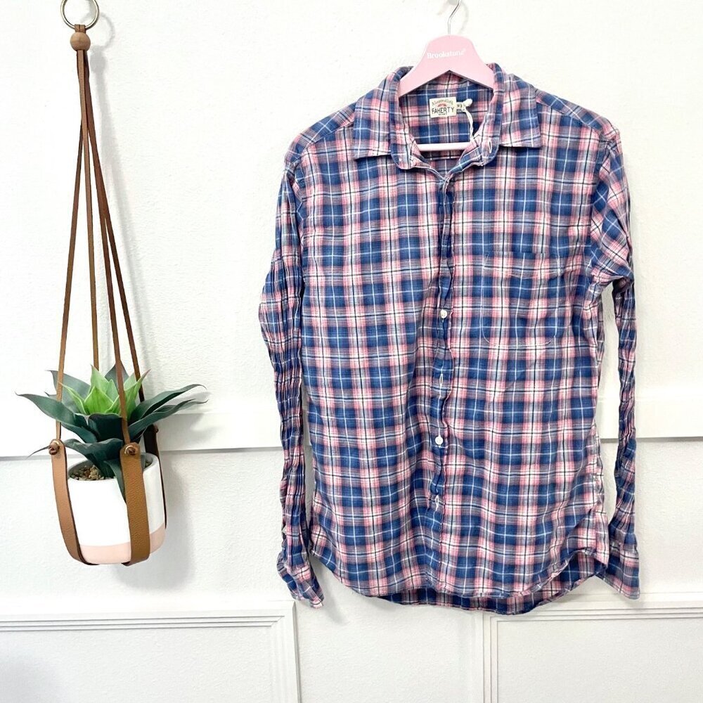Faherty Plaid Blue Pink Button Down Long Sleeve Shirt Size M
